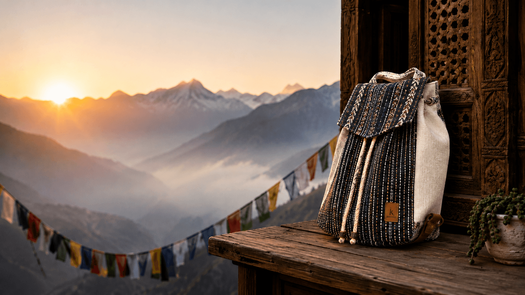 A hemp drawstring backpack resting on a weathered wooden table, with Himalayan peaks and a string of prayer flags catching the sunrise behind it