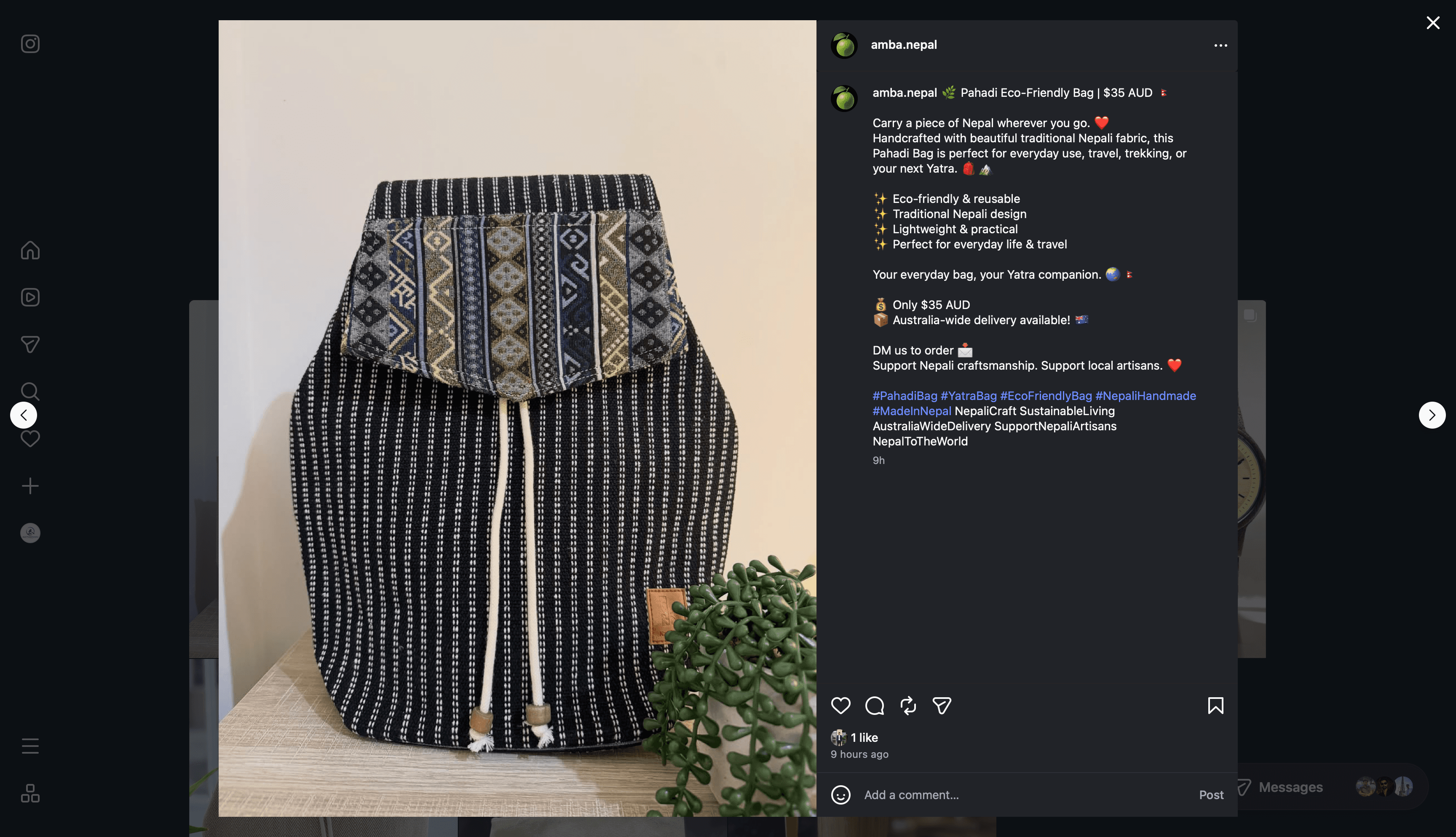 A dark pinstriped hemp backpack with a blue and gold woven flap, standing on a table