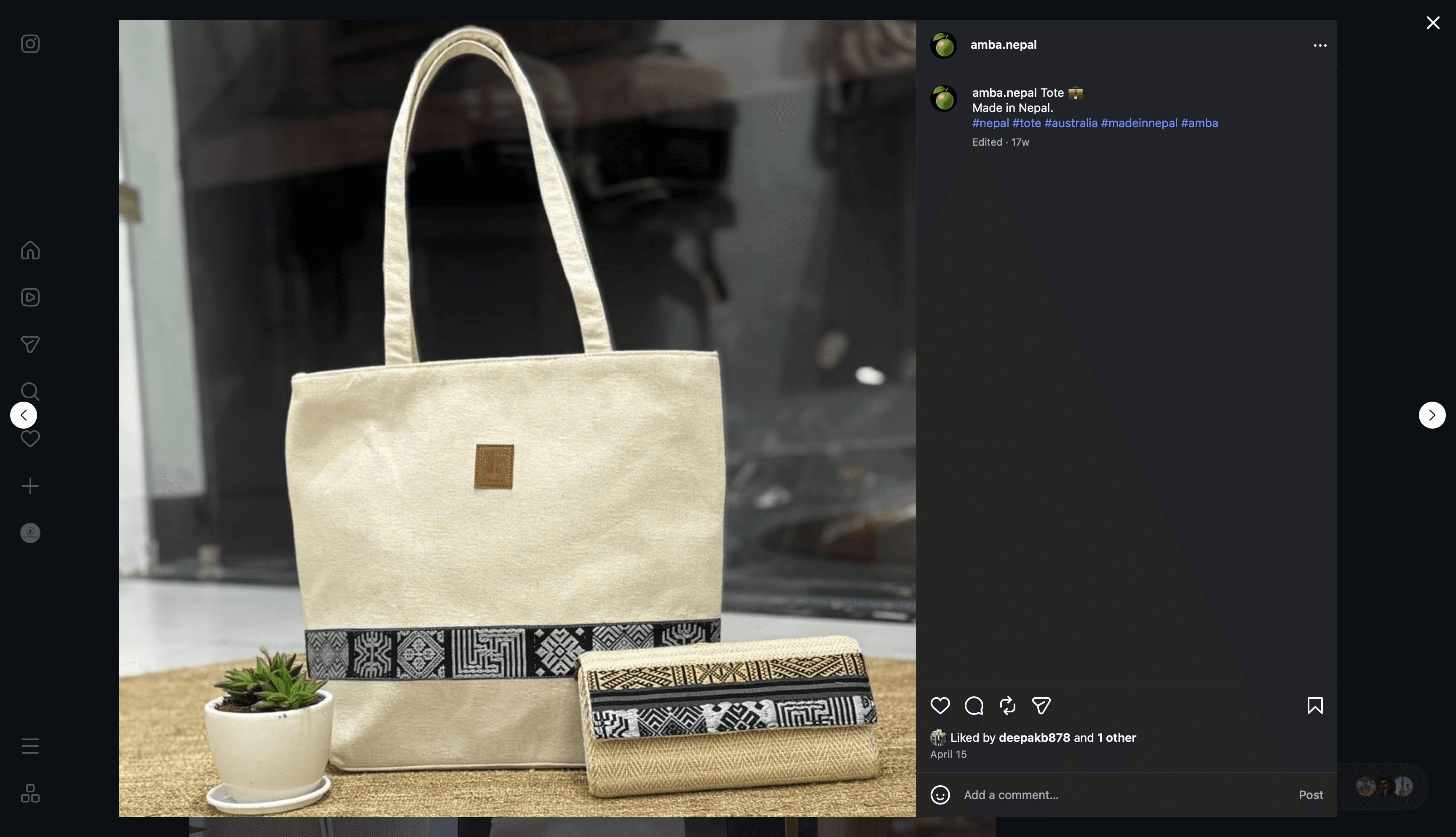 A cream hemp tote and its matching patterned clutch, photographed in a café window